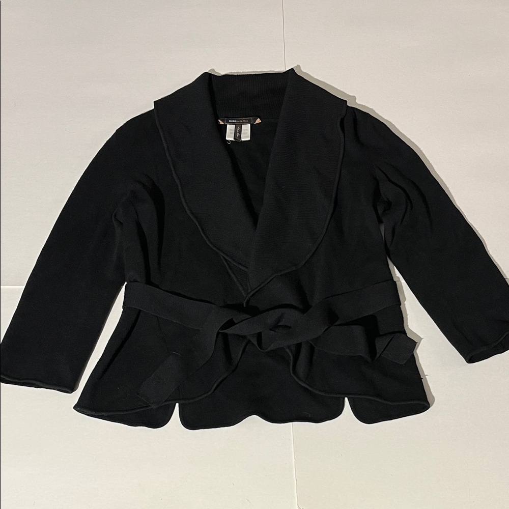 BCBG MAX AZRIA 100% Wool Black Cardigan Sweater Large Waist Tie 3/4 Sleeves Fall